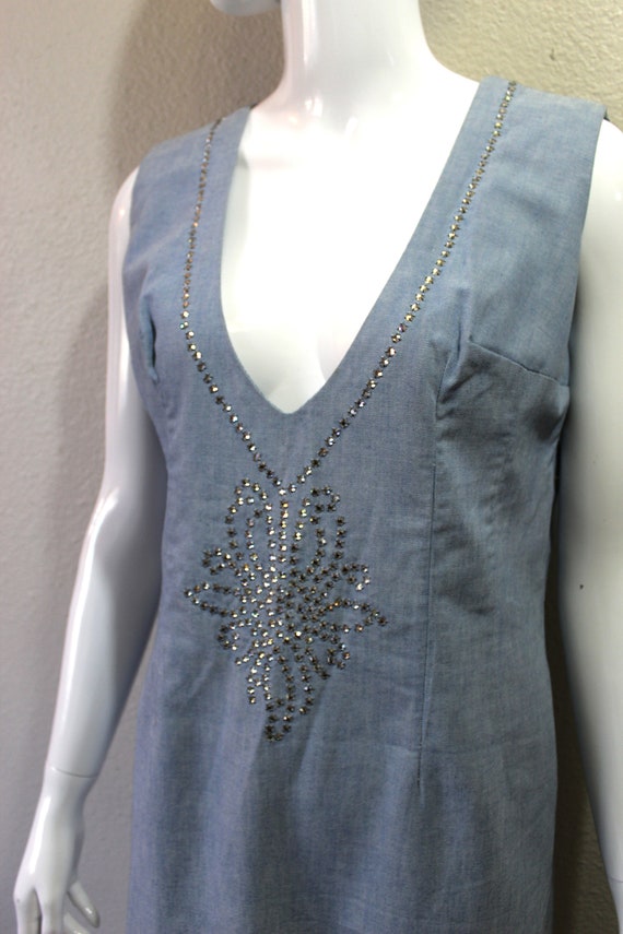 Vintage 60's Fancy Chambray Blue Cotton Day Wiggl… - image 10