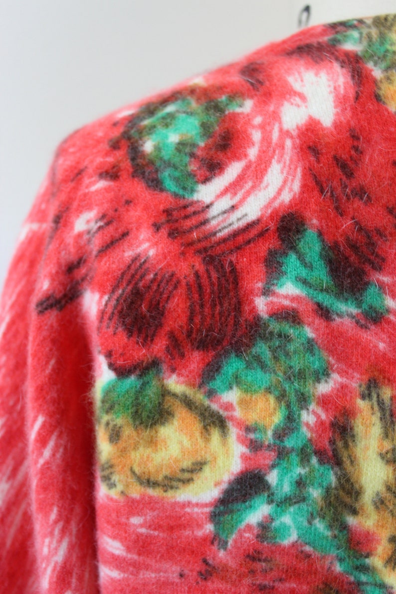 Vintage Darlene Minklam Angelon red floral Abstract Sweater cardigan angora lambswool // Modern Size US 6 8 Small Med image 8