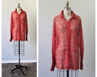 Vintage 1960s 60s Fancy Shirt by Masterbuilit Coral Red Sheer Lace Ruffled Cuff Sleeve Blouse Shirt // US 4 6 8 Small Medium