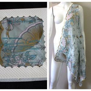 RARE Vintage NOS 1950s Scarf Gold Pink Rose Umbrellas Rayon & Silk Maid of Honor LARGE 31&quot; square Novelty Print Neck Head Scarf Vtg
