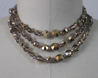 Vintage Mid Century Gold Foil Metallic Crystal / 3 Strand Choker Necklace / Triple Necklace