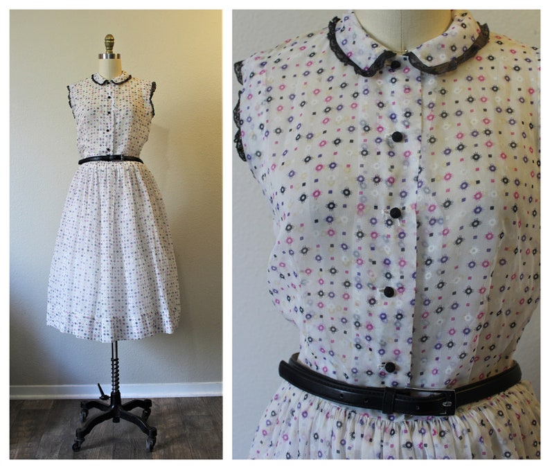 Vintage 1940s Betty Barclay Frocks Sheer nylon pink purple Polka Dot White Day Dress // Modern Size US 2 4 6 Small xs s image 1