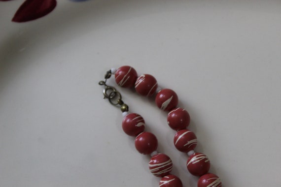 Vintage 40s coral Red white beaded celluloid gala… - image 8