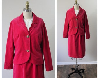 Vintage 50s 1960s Koret of California Women's 2 Piece Hot Pink Velvet Skirt Suit dress set  // Modern Size XS S // US 0 2 4