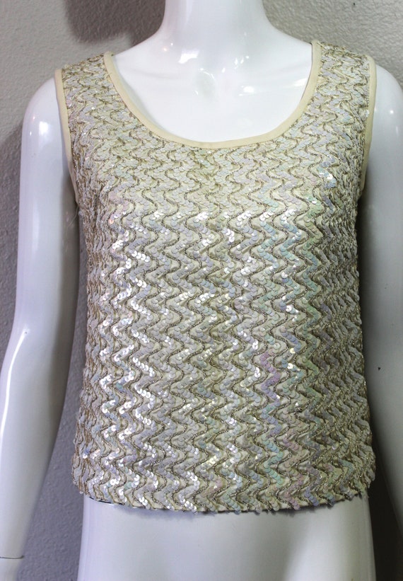 Vintage 1950s 60s Zig Zag Ivory Iridescent Sequin… - image 1