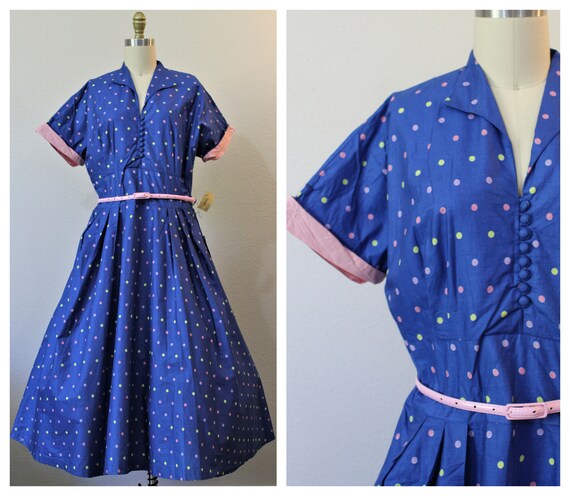 Vintage 1950s NWT Blue Polka Dot Pink Green Dress