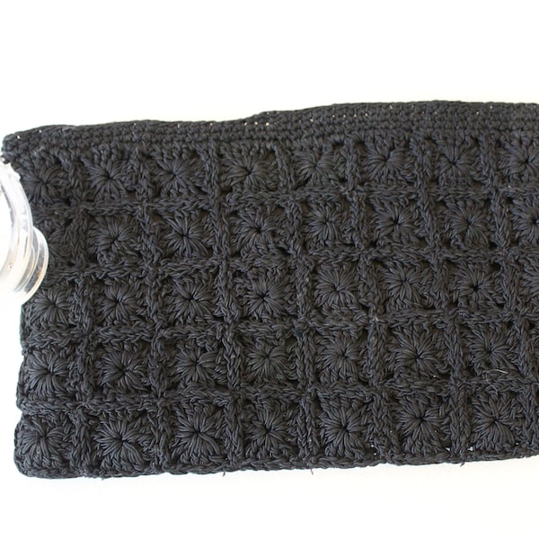 Vintage 40s 1940's Black Rayon Gimp Corde Crochet knit with Lucite curved pull clutch Handbag Purse 8 inches by 12 inches