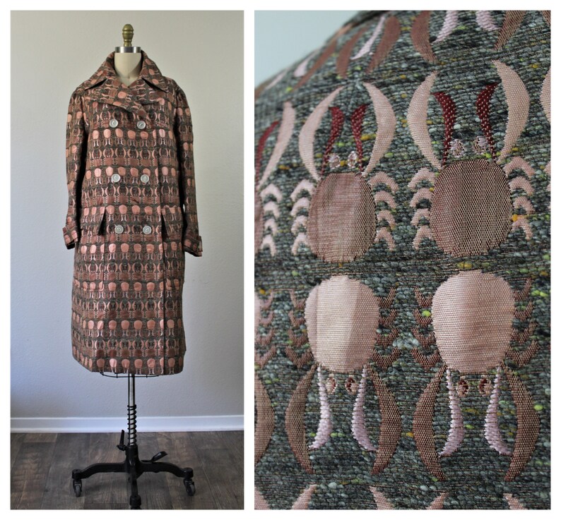 Vintage 1960s Custom Woven Wool Confetti SILK Tapestry Coat Carmel By the Sea California Sand Crabs Lobsters US 8 10 Medium Large