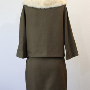 Vintage 1950s Jack Bloom Olive green mink Fur Collar Dress Suit pinup BULLOCKS of CALIFORNIA // US 0 2 4 xs s image 5