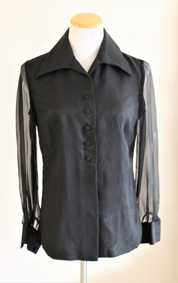 Vintage 60's Black Sheer Chiffon Wide Collar Blous