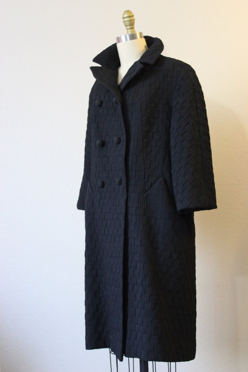 1950s Coat / Vintage 50s Forstmann Double Breasted Black waffle weave Wool Coat warm // US 0 2 4 6 xs s image 7