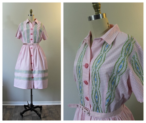Vintage 1940s 50s Kenrose Pink Gingham Embroidery