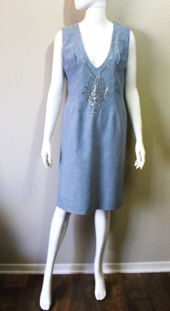 Vintage 60's Fancy Chambray Blue Cotton Day Wiggl… - image 6