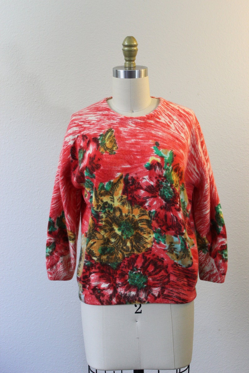 Vintage Darlene Minklam Angelon red floral Abstract Sweater cardigan angora lambswool // Modern Size US 6 8 Small Med image 2