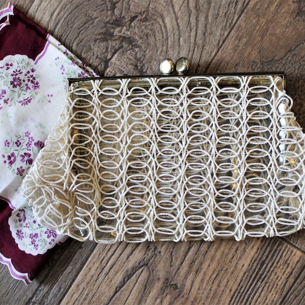 Vintage 1950s 60s Clear Vinyl white micro seed bead swag clutch Purse handbag