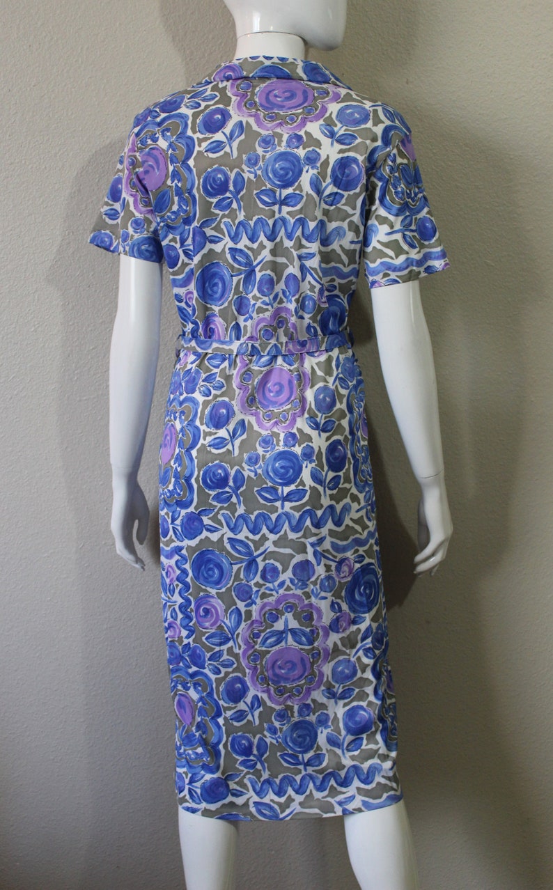 Vintage 40s 50 Abstract Floral Wiggle Dress Slinky Acetate Dress Cobalt Blue Purple Atomic // US 4 6 8 Small Medium image 7