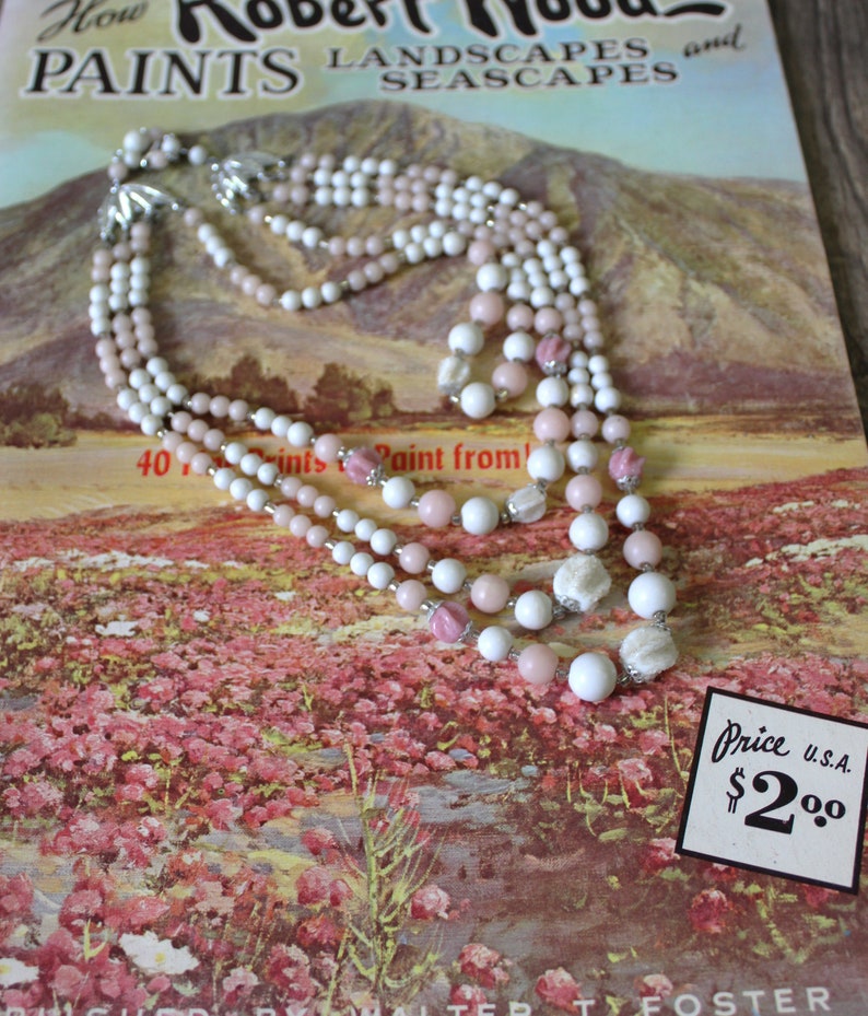 Vintage 50s 60s Pearl sugar bead white and pink bead JAPAN 3 Strand Choker Necklace / Triple Necklace image 1