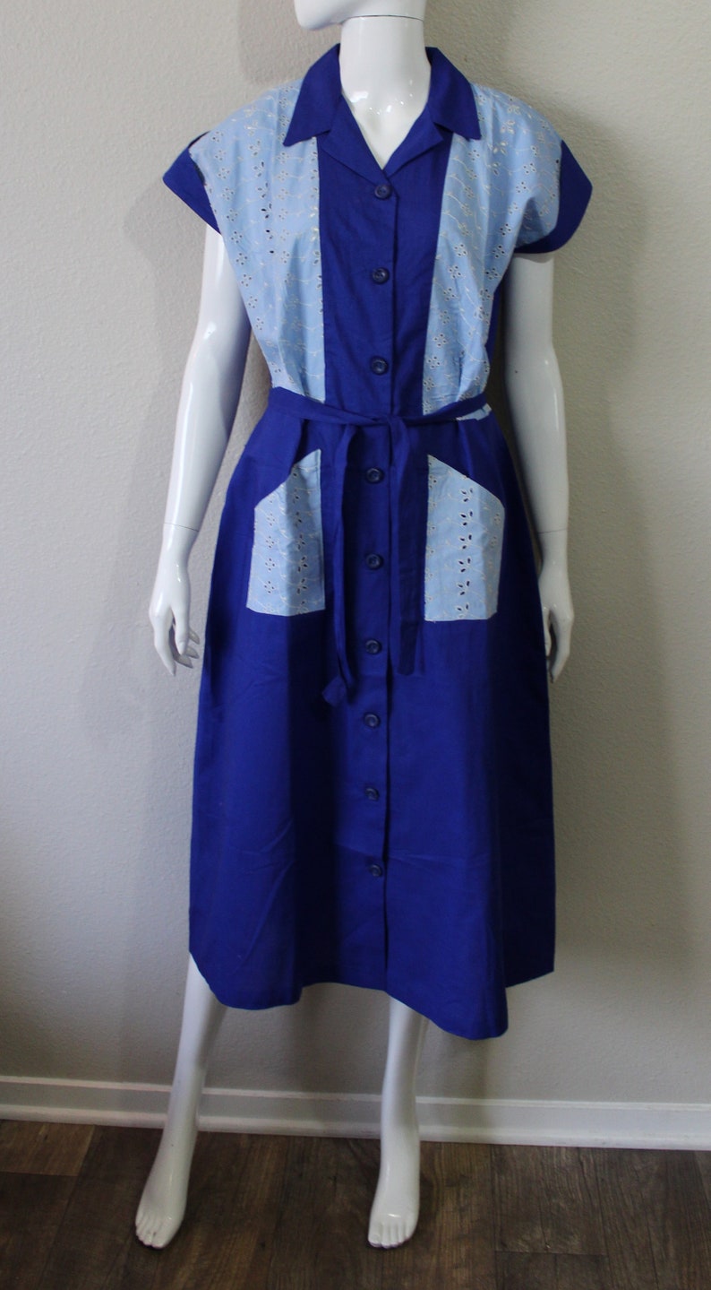 1940s 50s Cotton Dress Volup Blue cotton Eyelet Color Block Vtg sz 20 Atomic New Old Stock // US 10 12 14 large XL image 9