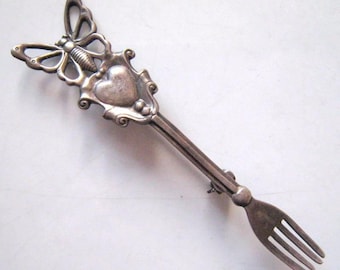 Vintage Brooch Pin Marked STERLING SILVER 925 Fork Silverwear Flatware Butterfly Flower Sweet pinup