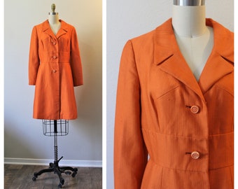 1960s MCM Coat / Vintage 60s Harrods Paris I. MAGNIN of California Orange Silk Fitted tailored Coat Jacket // US 0 2 4 xs s