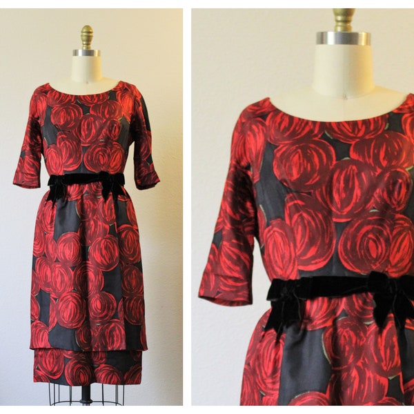1950s Dress / Vintage 50s Joseph Magnin California silk Abstract Red Roses circles Wiggle Dress Floral Event // Modern US 2 4 xs Small