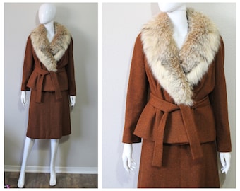 Vintage 1960s Nobb Hill SF of California Fancy Brown Wool Dress Suit Coyote Fur Collar William Silva   // Modern Size  6 8 Small Med