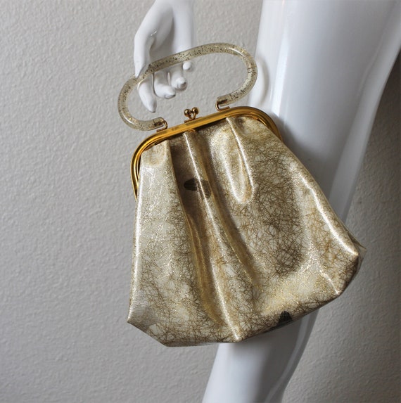 Vintage 1950's 60s Lucite Gold Confetti Handbag b… - image 2
