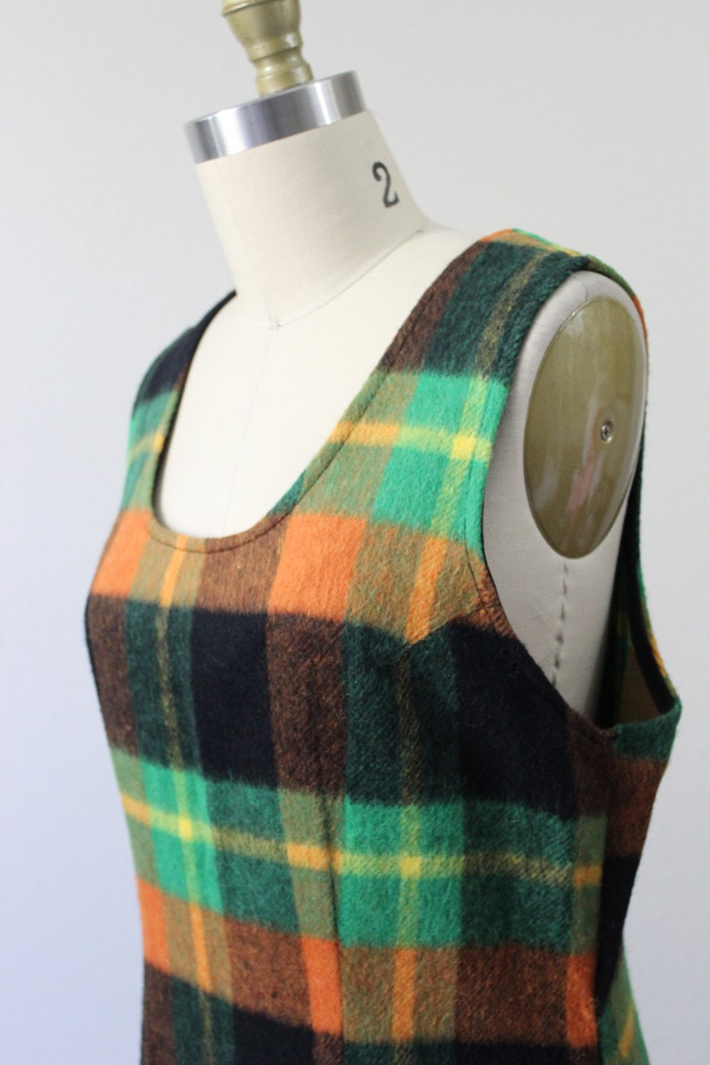 Vintage 1960s 70s Bold Orange Green Black Plaid Floor Length Jumper Dress Maxi Modern Size s med 6 8