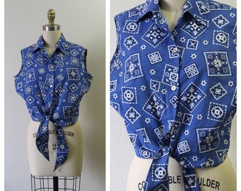 Vintage 50s Carol Brent Blue White Bandana Print Sleeveless Blouse Shirt Top Waist Tie Rockabilly Pinup // US 6 8 Med Lg