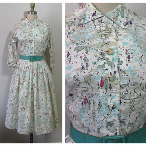 1950s Dress Vintage 50s Novelty Print NY Central Park Zoo Rockabilly PinUp Bombshell Sun Dress  // Modern Size xs 0 2 // Pinup Girl