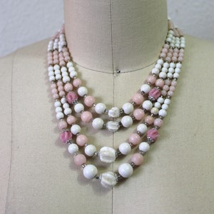Vintage 50s 60s Pearl sugar bead white and pink bead JAPAN 3 Strand Choker Necklace / Triple Necklace image 2