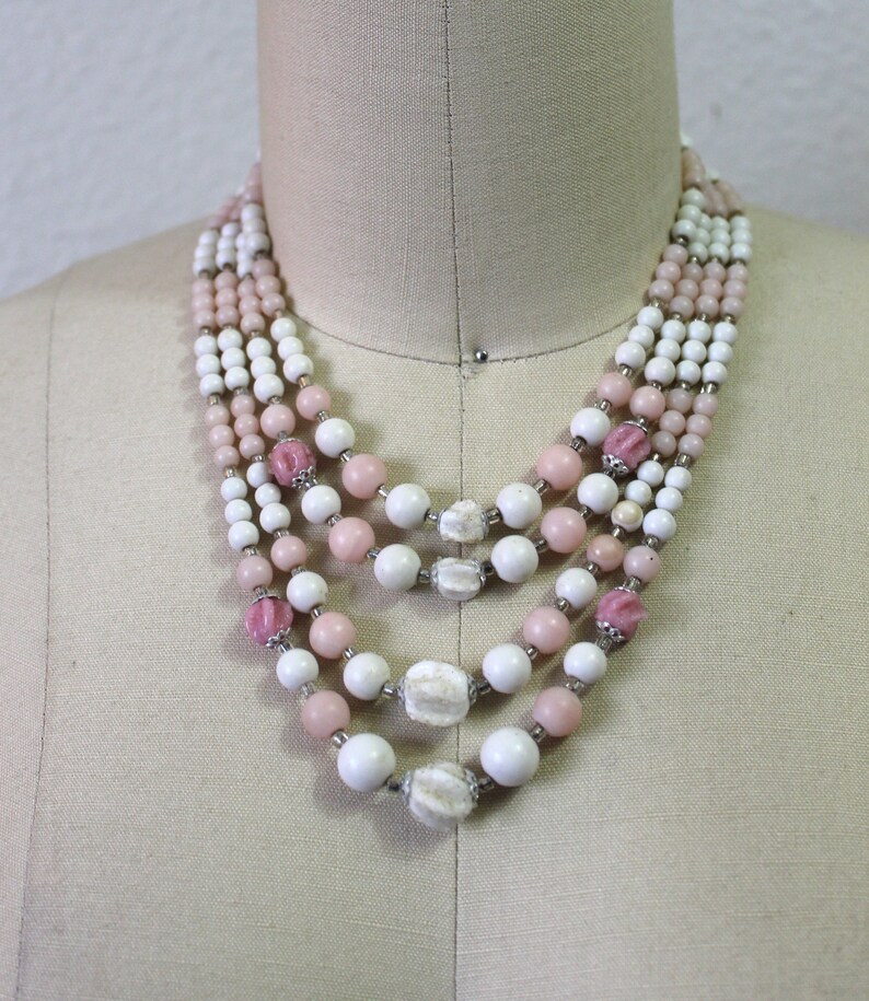 Vintage 50s 60s Pearl sugar bead white and pink bead JAPAN 3 Strand Choker Necklace / Triple Necklace image 2