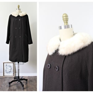 Vintage 50's 1960s SHAGMOOR Dark Chocolate Brown Wool Coat with Cream Real Mink Fur Collar // US 8 10 12 M L image 1