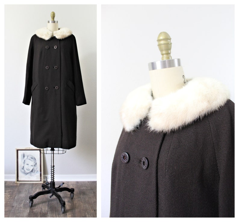 Vintage 50's 1960s SHAGMOOR Dark Chocolate Brown Wool Coat with Cream Real Mink Fur Collar // US 8 10 12 M L image 1