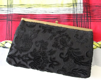 Vintage 1950's 60s La France Black Chenille carpet Tapestry Clutch Purse evening bag Handbag