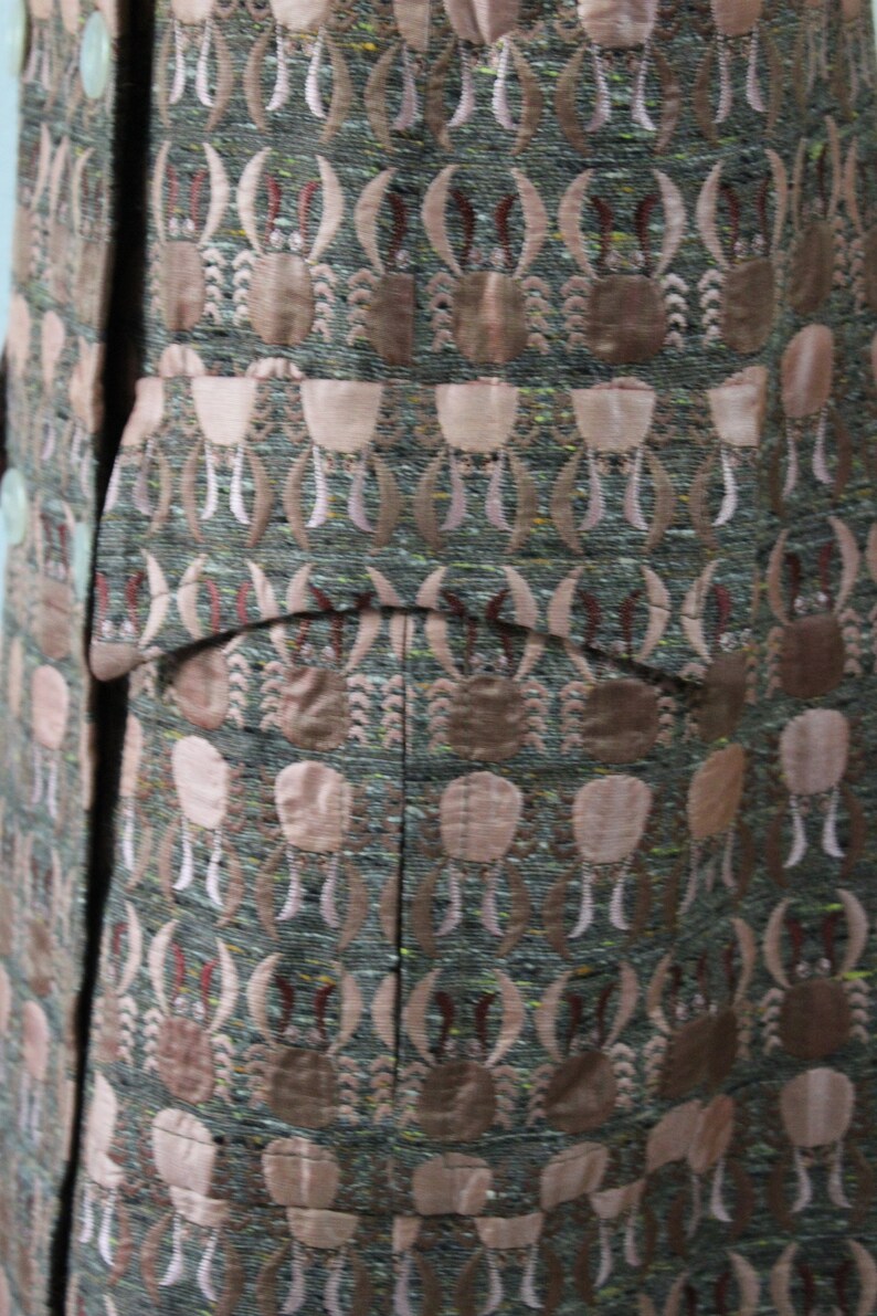 Vintage 1960s Custom Woven Wool Confetti SILK Tapestry Coat Carmel By the Sea California Sand Crabs Lobsters US 8 10 Medium Large