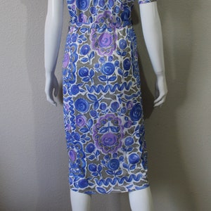 Vintage 40s 50 Abstract Floral Wiggle Dress Slinky Acetate Dress Cobalt Blue Purple Atomic // US 4 6 8 Small Medium image 6