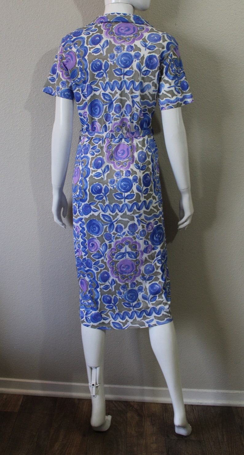 Vintage 40s 50 Abstract Floral Wiggle Dress Slinky Acetate Dress Cobalt Blue Purple Atomic // US 4 6 8 Small Medium image 6