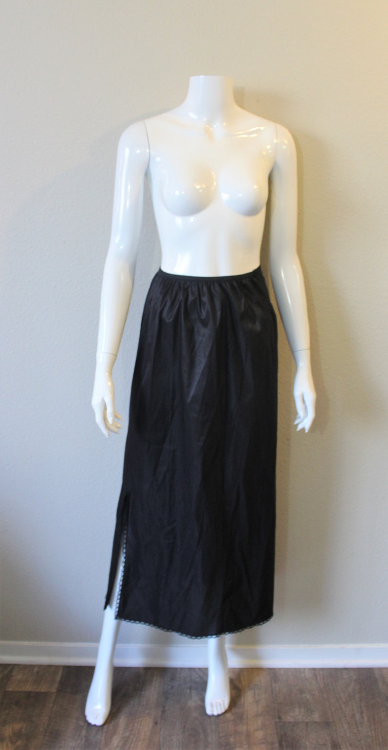 Vintage 50's 60's Vassarette Lingerie Black Lace Half Dress Under Slip Maxi Skirt tricot nylon// xs s zdjęcie 4