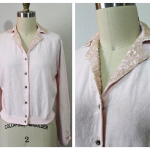 Vintage 1950s 60s Rosanna Light Pink Beaded Collar Cardigan Orlon Pinup Sweater Rhinestone Buttons // Modern Size US 2 4 6 8 Small Med image 2