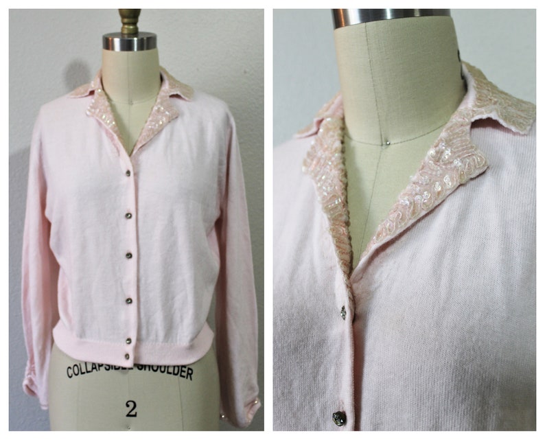 Vintage 1950s 60s Rosanna Light Pink Beaded Collar Cardigan Orlon Pinup Sweater Rhinestone Buttons // Modern Size US 2 4 6 8 Small Med image 2