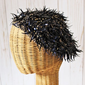 Vintage 1940s Italy Italian NAVY BLUE Crochet knit cap cloche hat with outstanding silver PAILLETTE beading !! handmade  //  One Size