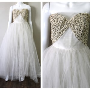 1950s Prom Cupcake Dress / Vintage Fancy Strapless Off White Sequins Tulle Event Dress formal gown // US 4 6 small