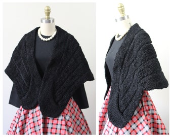 Vintage 1940s 50s I Magnin of California Black Boucle persian lamb Wool Striped Rayon Stole wrap Shrug pinup bombshell // One Size