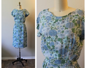 1950s I MAGNIN LIBERTY of LONDON Dress Print Linen Wiggle Dress Blue Floral with mini rhinestones  // Modern Size 4 6 small