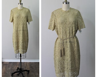 Vintage 1970s I Magnin California NWT Haute COUTURE Metallic Open Crochet Lace Knit Tunic Dress Rickie Freeman // US 6 8
