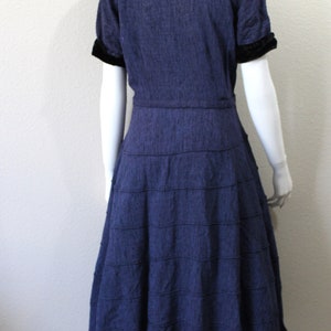 Vintage 40s 1950s Dress / 50s Blue Textured Tiered Day Dress Black Rayon Velvet Trim Button Down // Modern US 6 8 10 Medium Large image 9