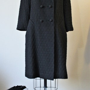 1950s Coat / Vintage 50s Forstmann Double Breasted Black waffle weave Wool Coat warm // US 0 2 4 6 xs s image 2