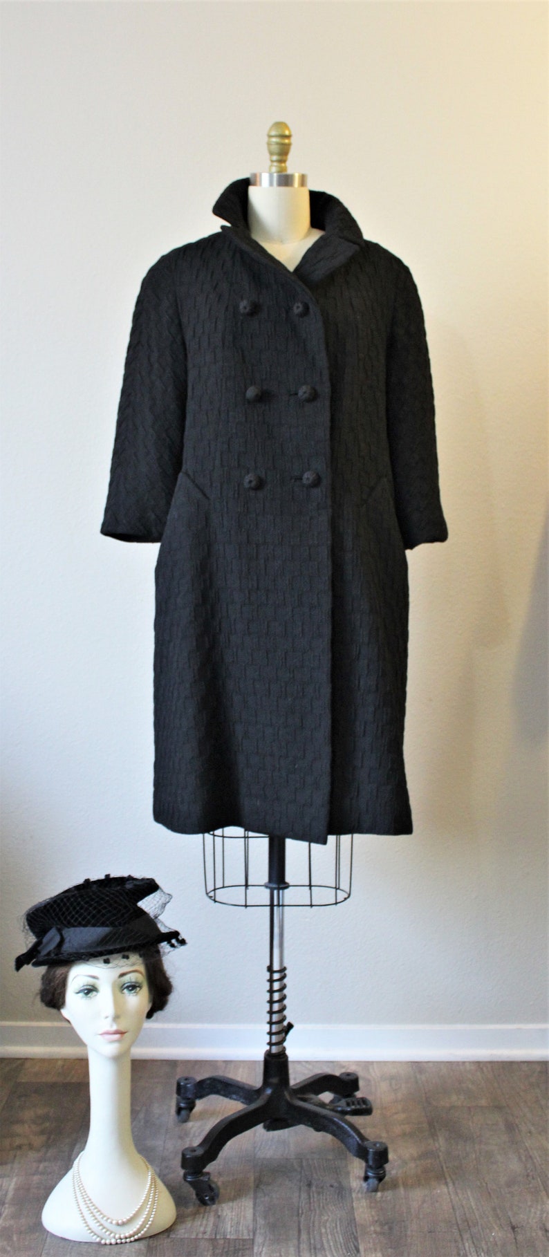 1950s Coat / Vintage 50s Forstmann Double Breasted Black waffle weave Wool Coat warm // US 0 2 4 6 xs s image 2