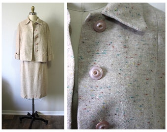 Vintage 40s 1940s Cream Rainbow Confetti Speckled Dress suit skirt jacket set   // Modern Size US 4 6 Small